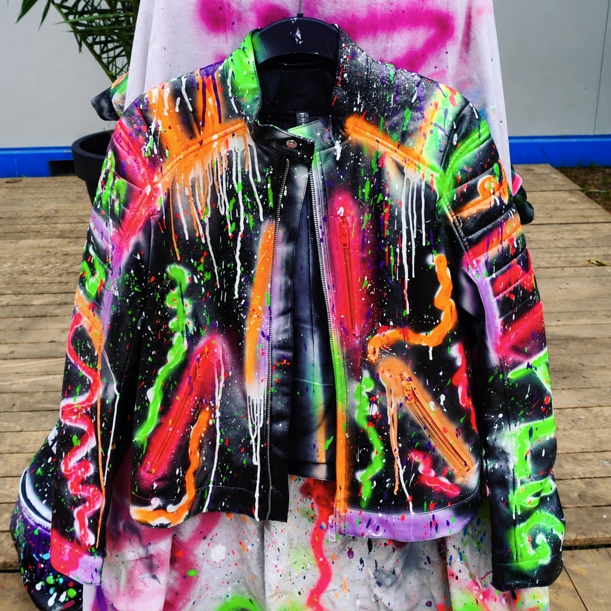 Neon Explosion Leather Jacket, hand-painted apparel by Saiff Vasarhelyi